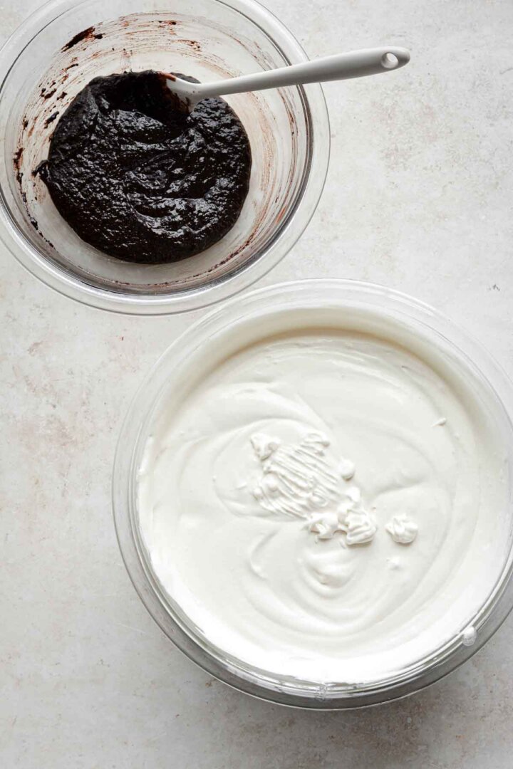 Step 6 for making brownie batter ice cream - bowls of vanilla ice cream base and brownie batter.