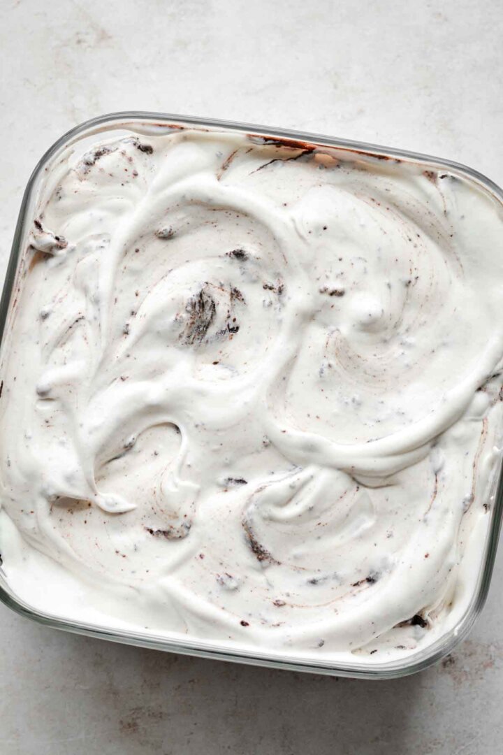 Brownie batter ice cream, ready to freeze.