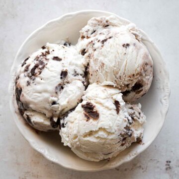Bowl of brownie batter ice cream.
