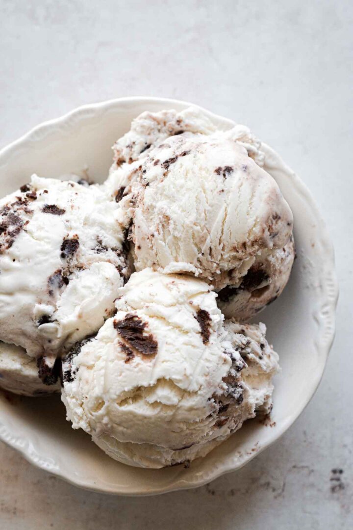 Bowl of brownie batter ice cream.