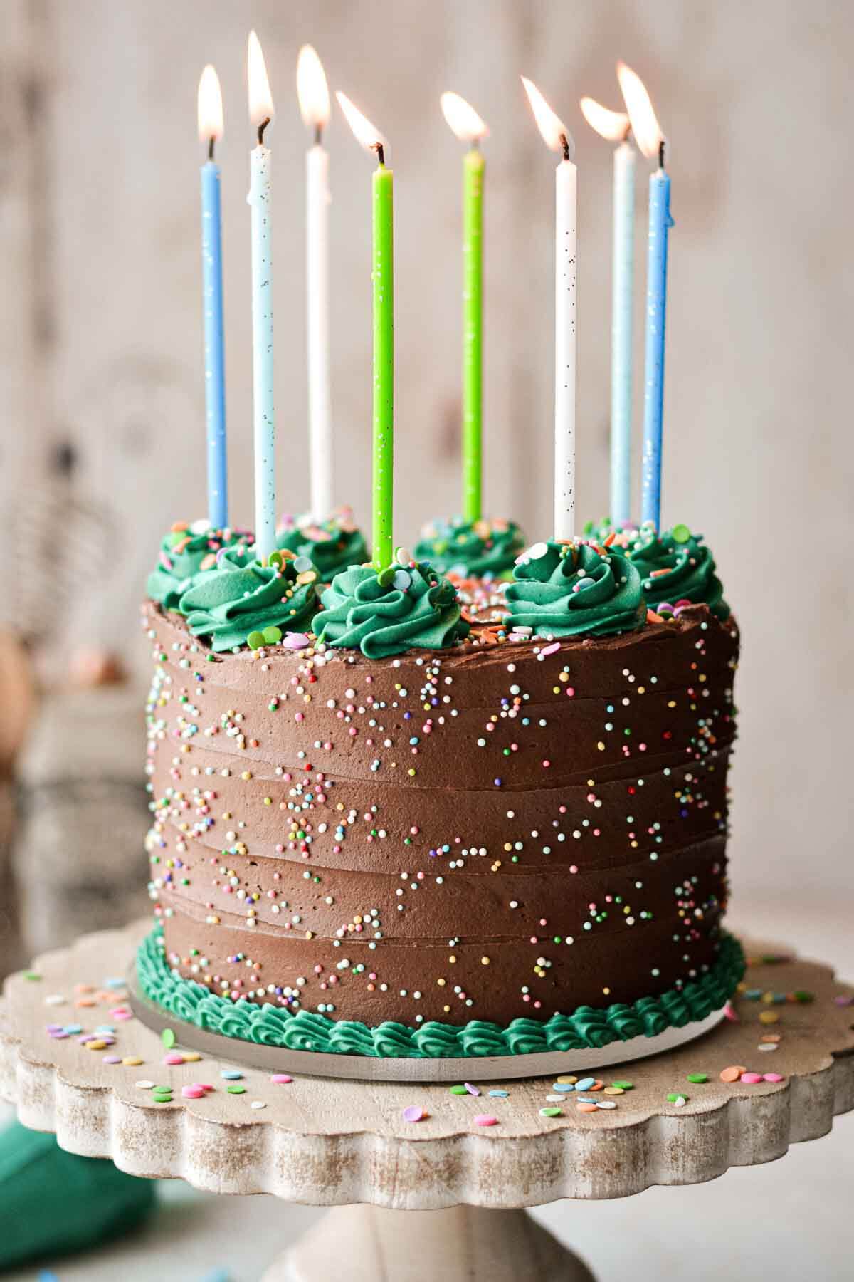 Gluten free chocolate birthday cake with sprinkles.