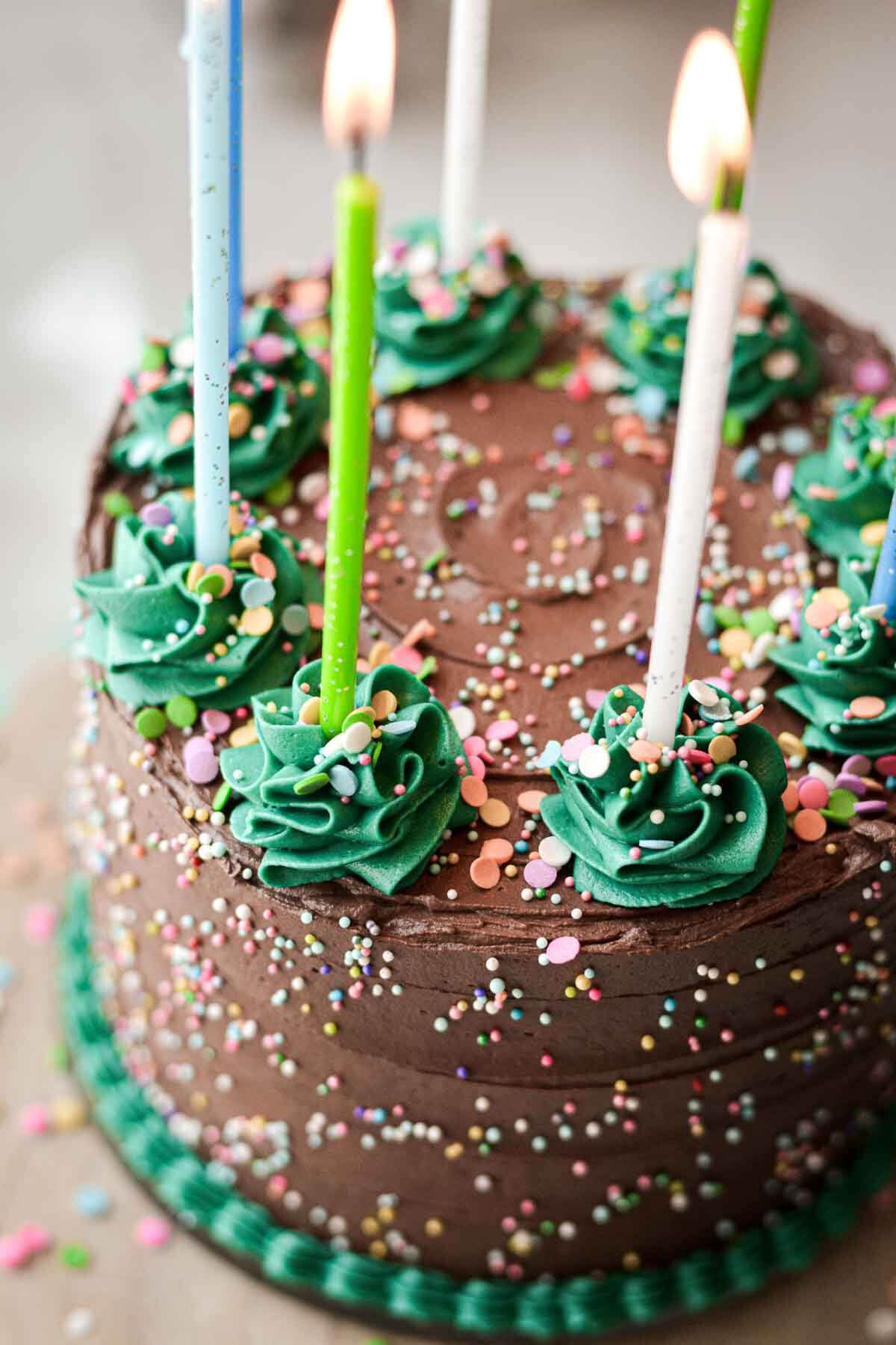 Sprinkles and decorative green buttercream piping on a gluten free chocolate cake.