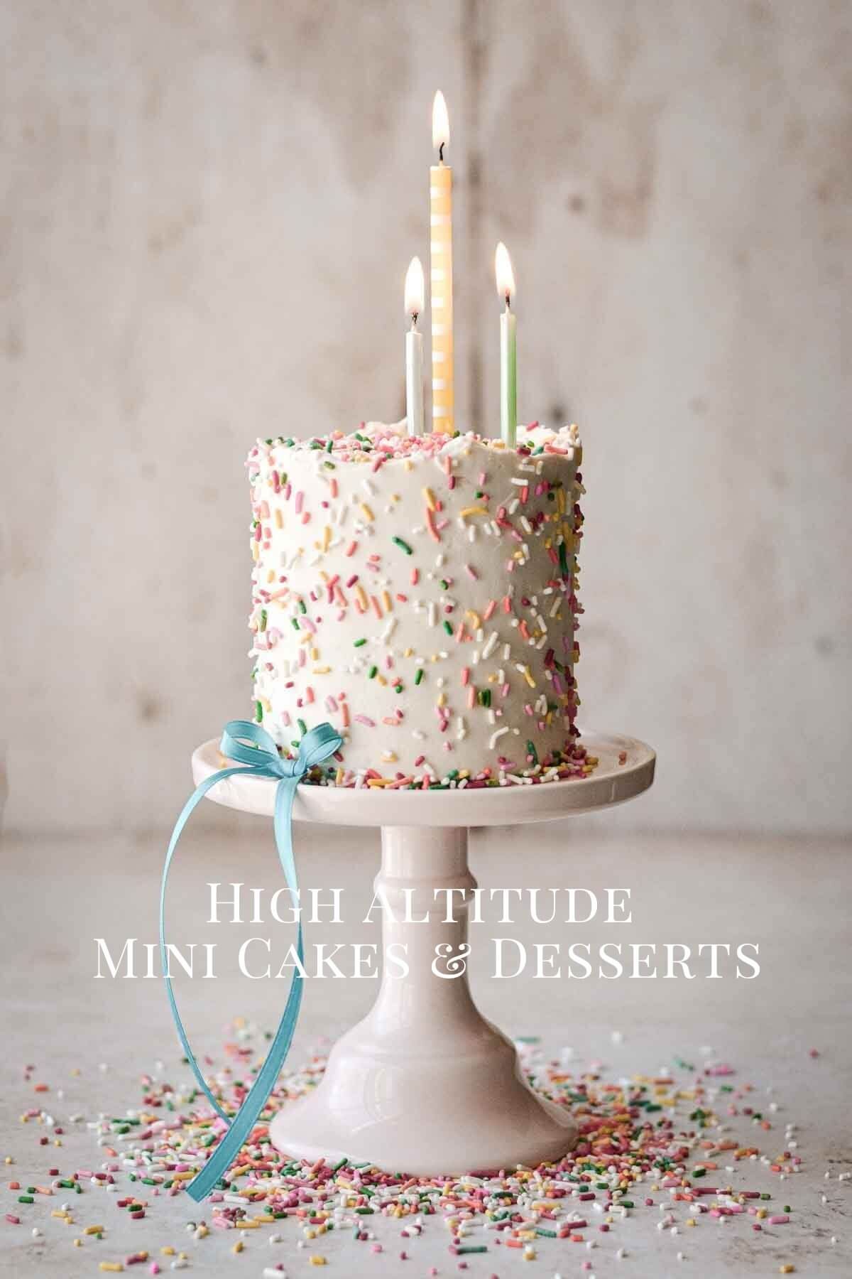 A graphic for high altitude mini cakes and desserts, with a mini confetti cake topped with birthday candles.