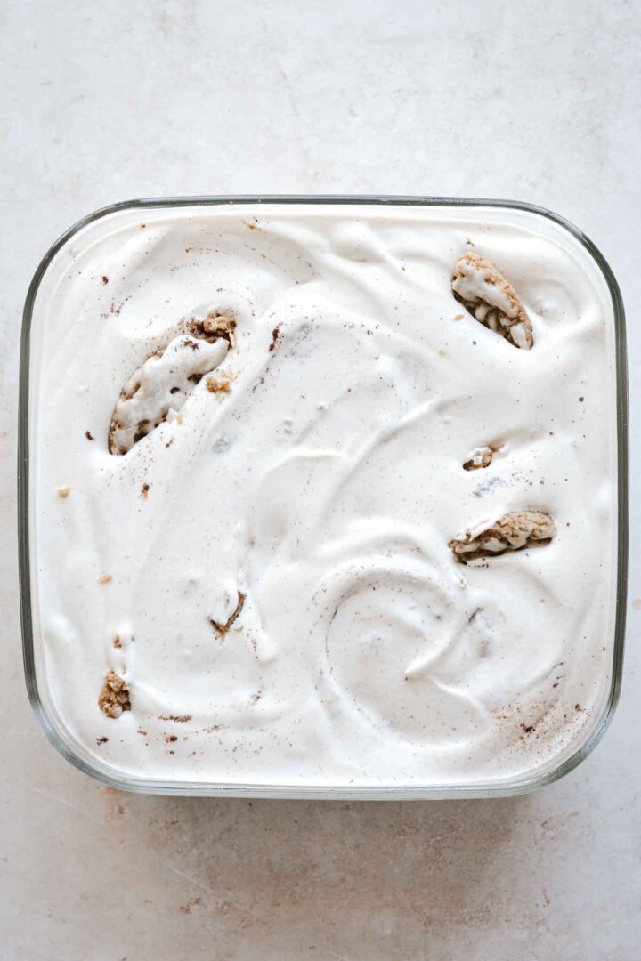 Step 4 for making oatmeal cookie ice cream - finished ice cream in a container.