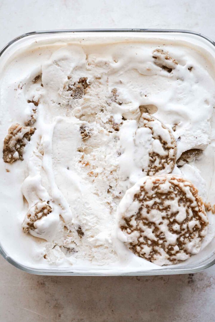 Oatmeal cookie ice cream, topped with iced oatmeal cookies.