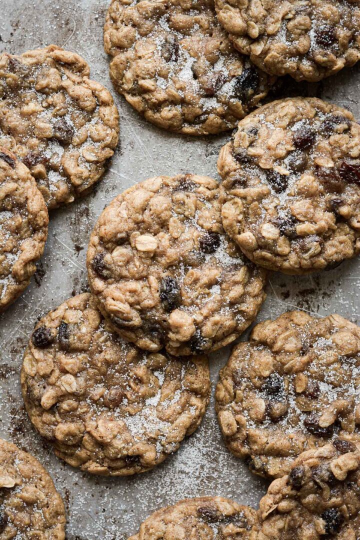 Oatmeal raisin cookies on a baking sheet.