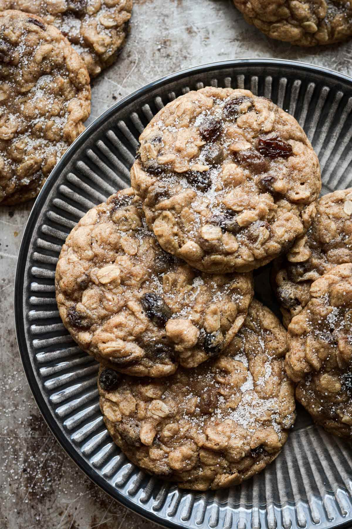 Oatmeal raisin cookies on a plate.