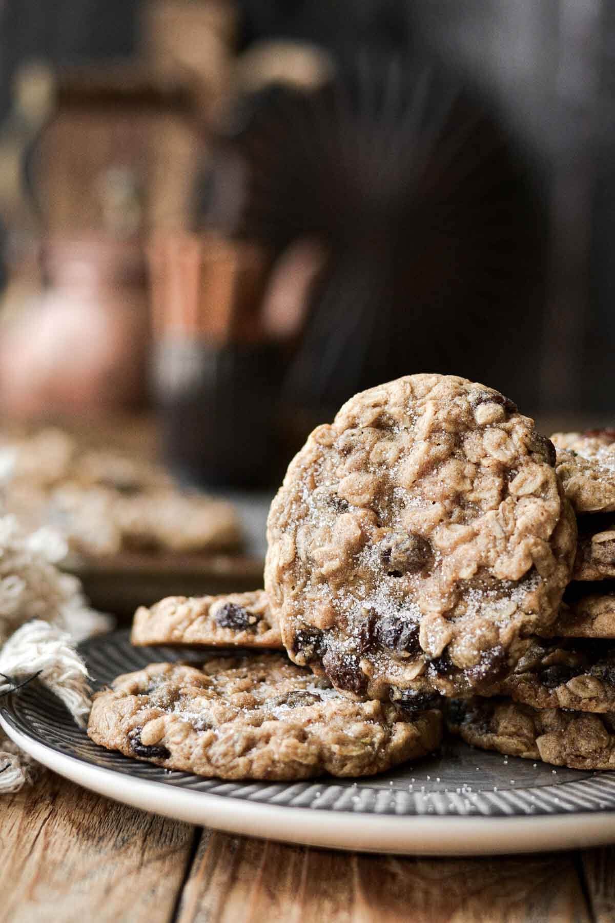 Oatmeal raisin cookies on a plate.