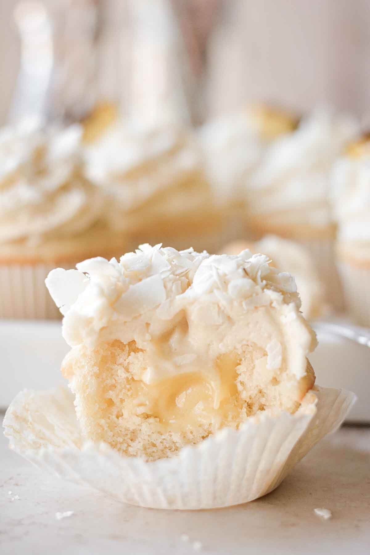 Pineapple coconut cupcake filled with pineapple curd.