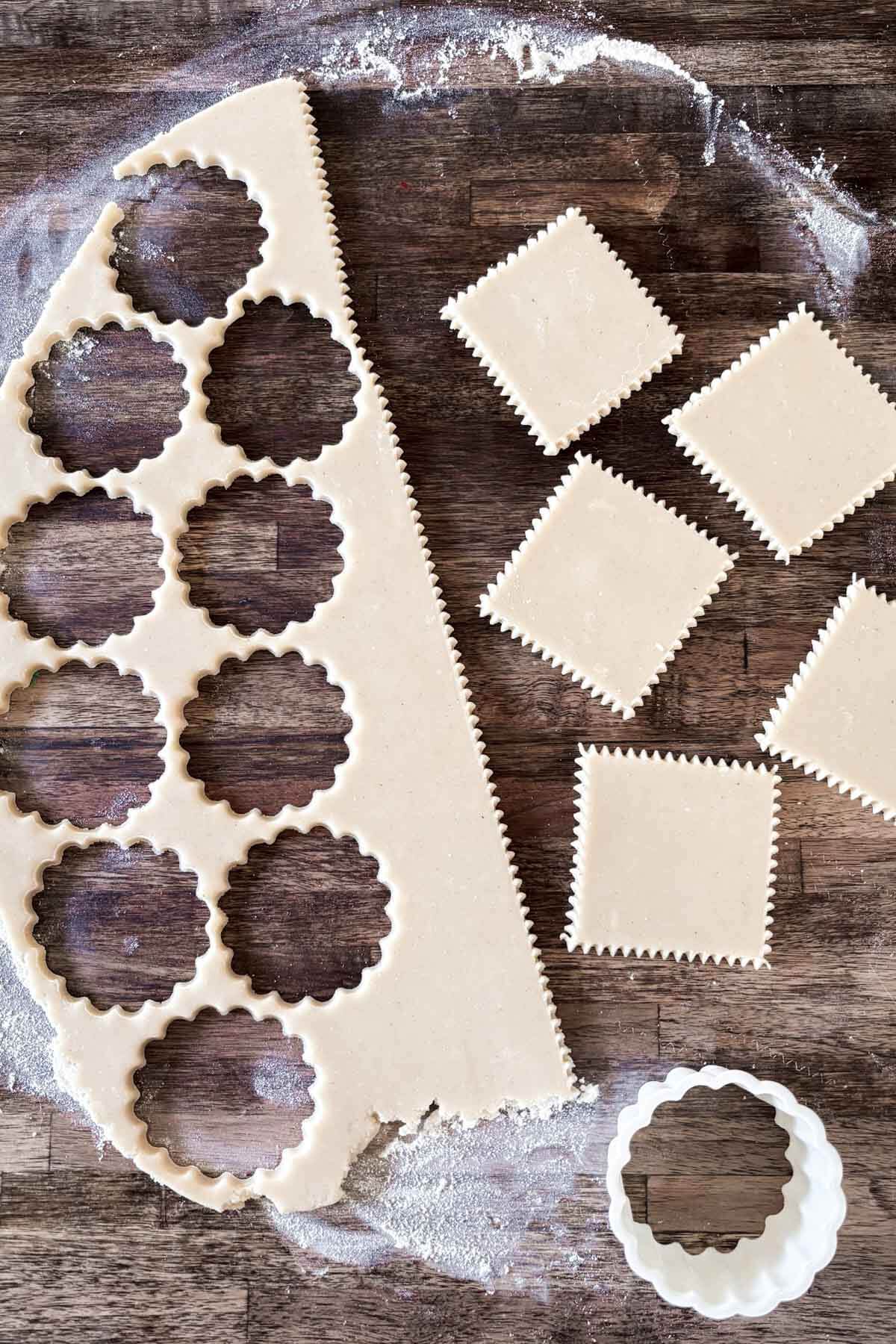 Step 5 for making shortbread cookies - dough rolled out and cut into cookies.