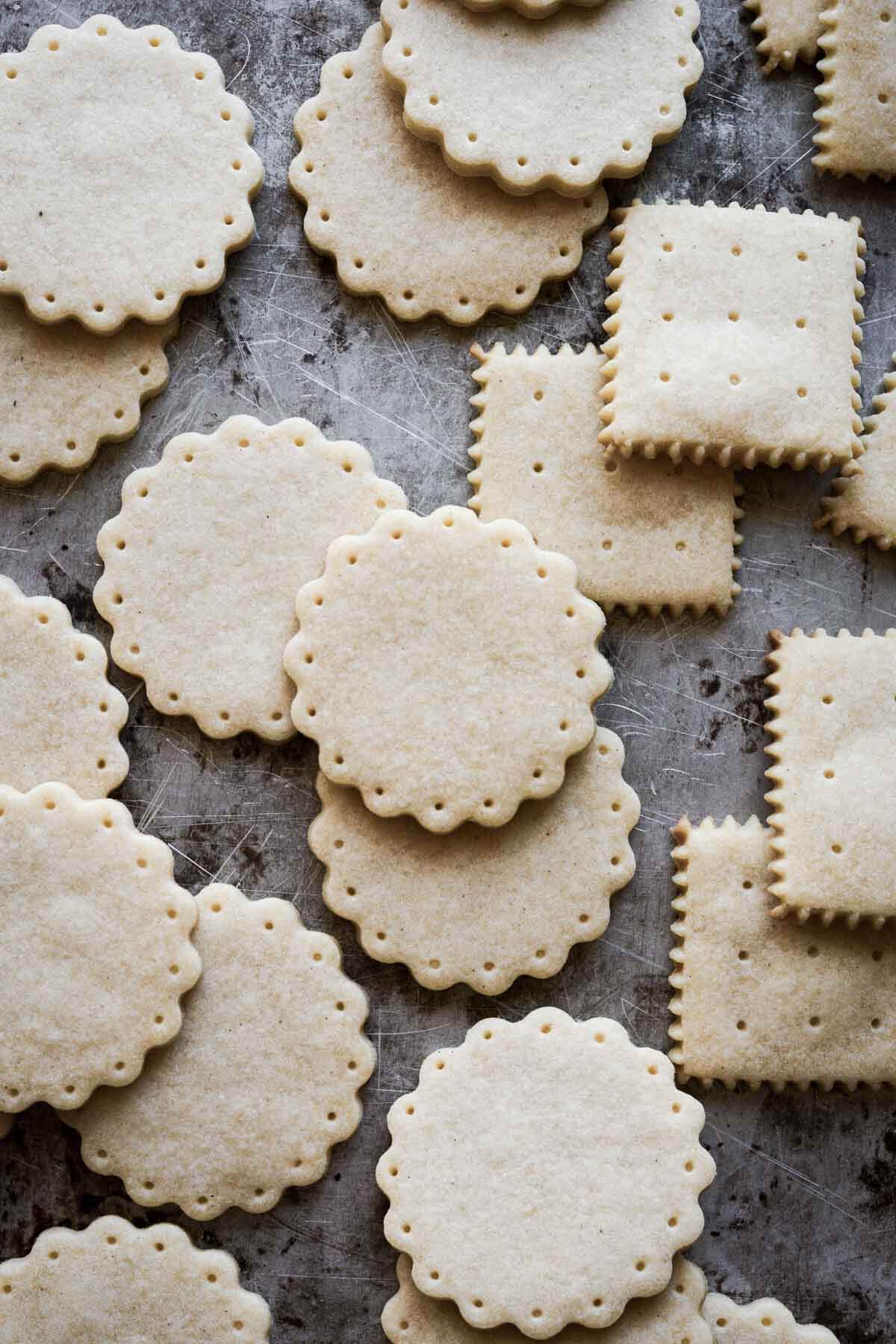 Shortbread cookies on a baking sheet.