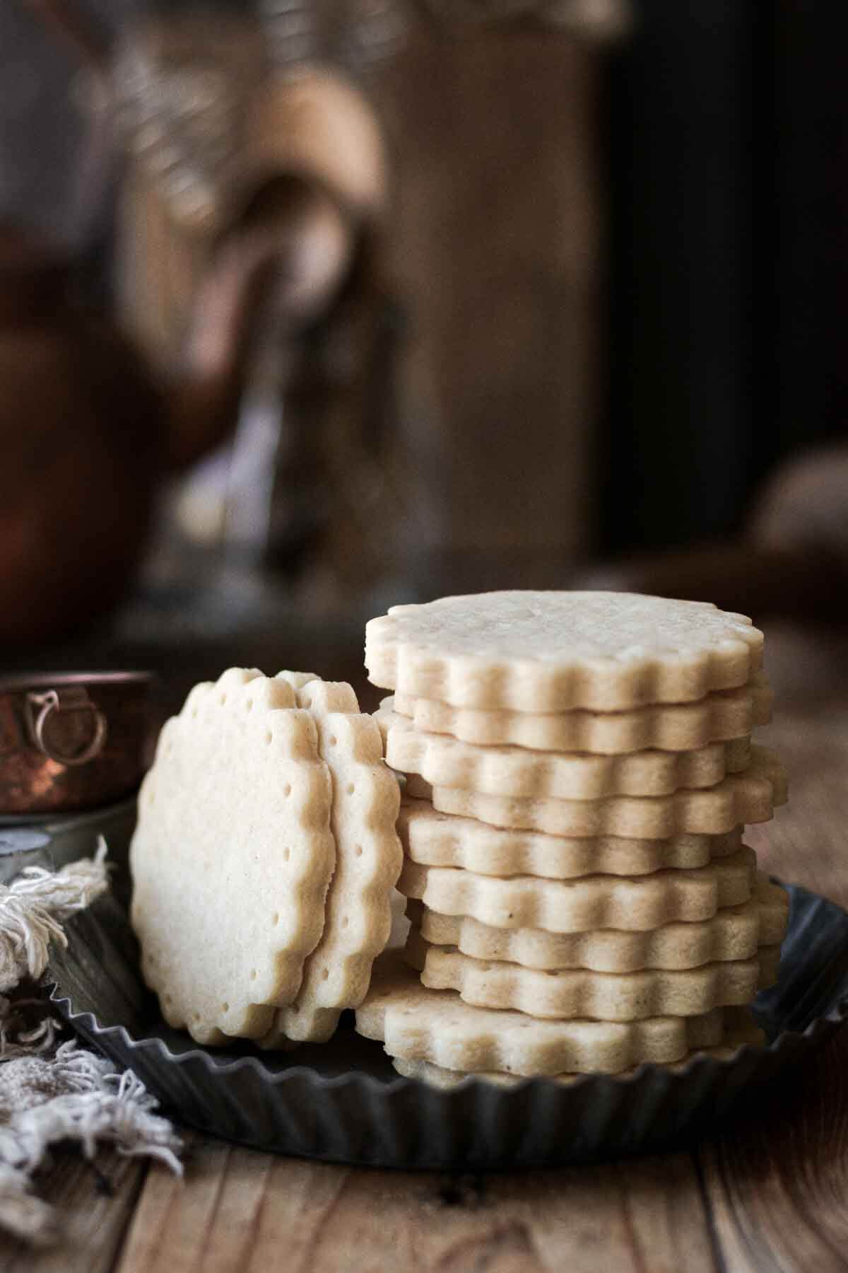Stack of vanilla shortbread cookies.