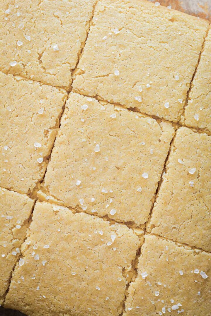 Corn bread, cut into squares and sprinkled with salt.