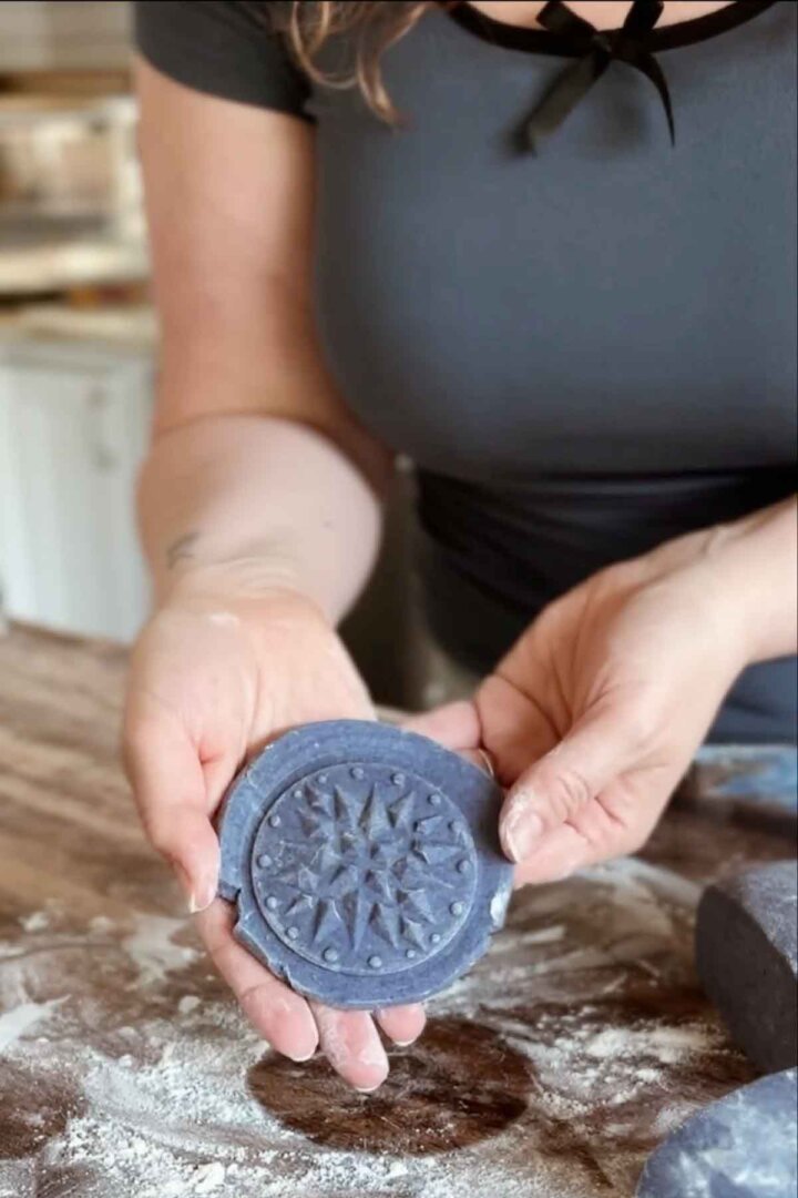 Cookie dough that's been pressed with a stamp.