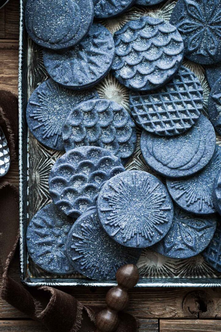 Stamped blue shortbread cookies.