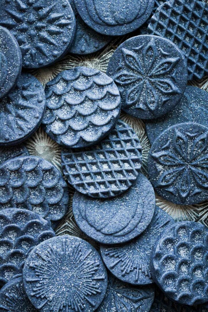 Stamped blue shortbread cookies.