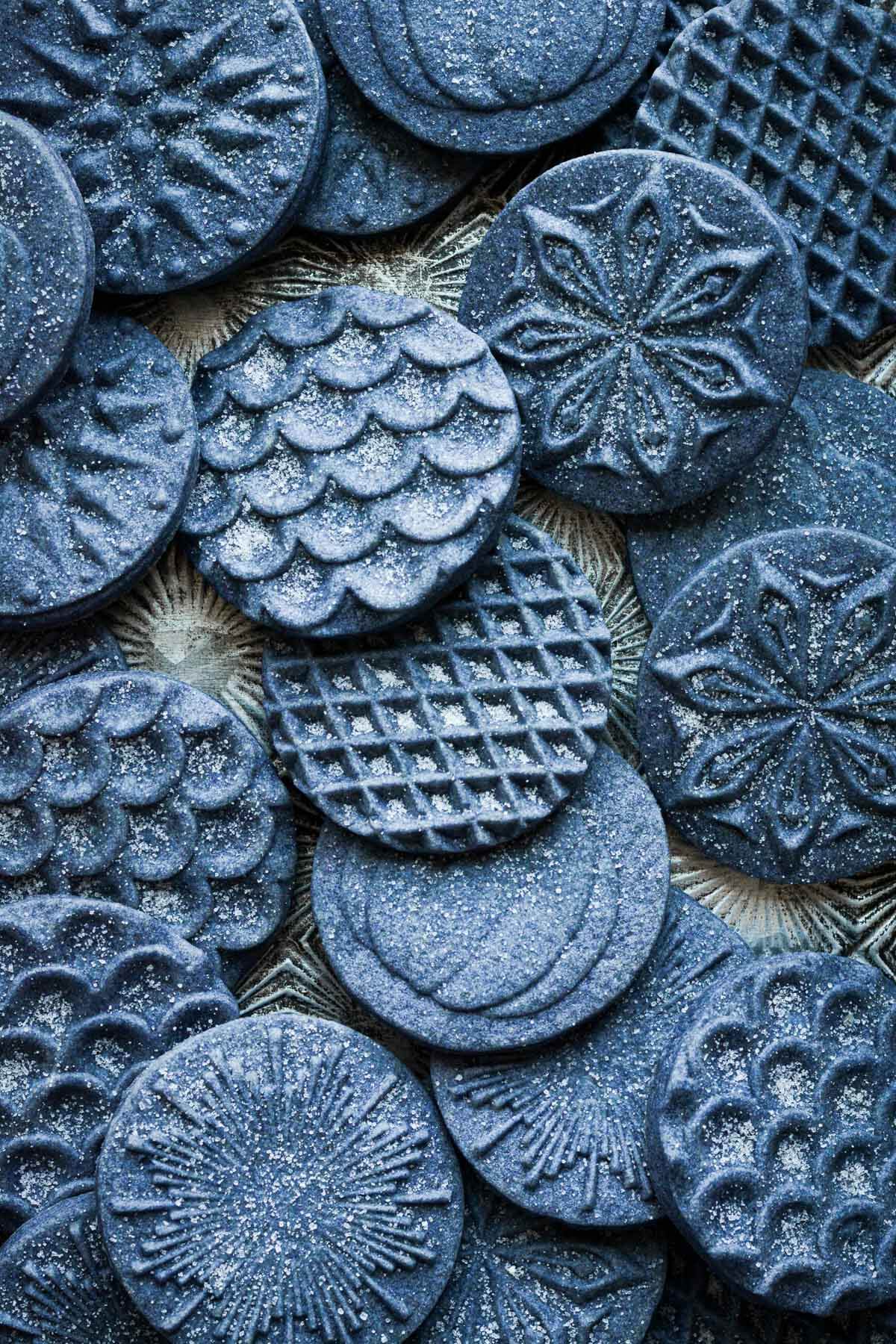 Stamped blue shortbread cookies.