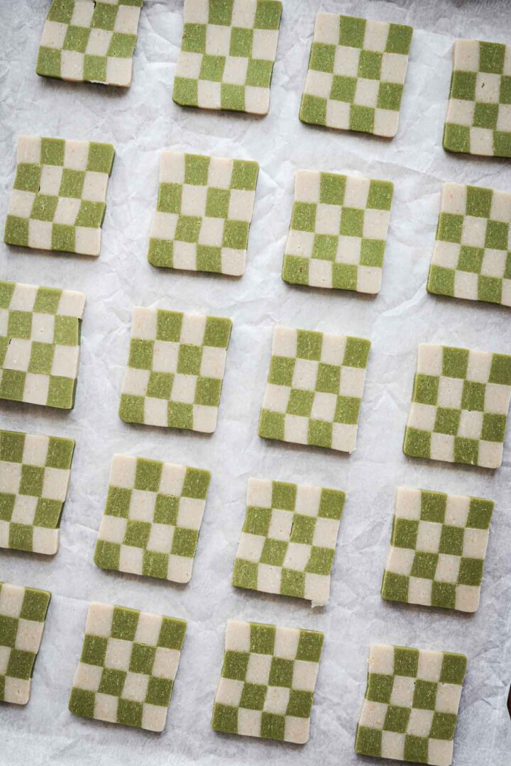Step 6 for making green and white checkerboard cookies - cut cookies.
