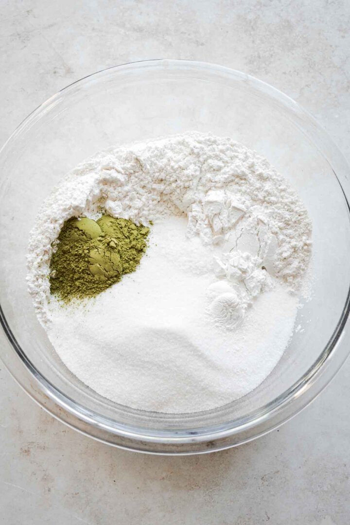 Step 1 for making matcha cake - mixing drying ingredients.