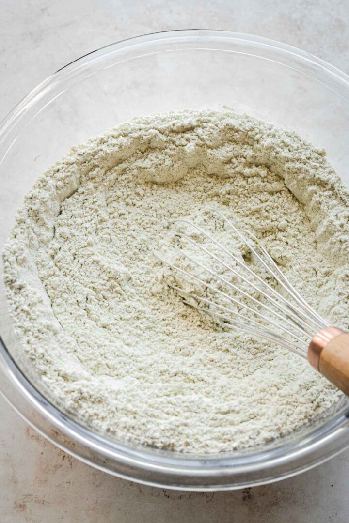 Step 2 for making matcha cake - mixing drying ingredients.