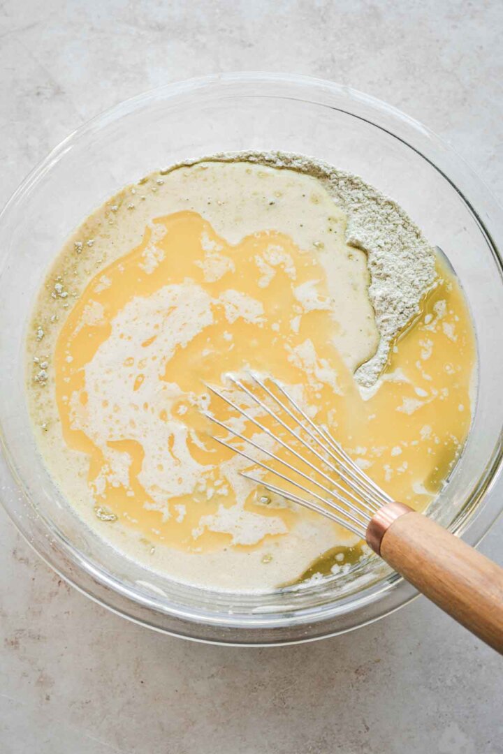 Step 3 for making matcha cake - adding liquid ingredients.