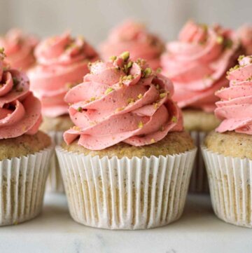 Strawberry pistachio cupcakes.