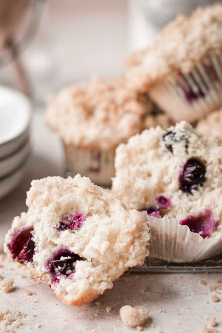 Blueberry muffin split in half.