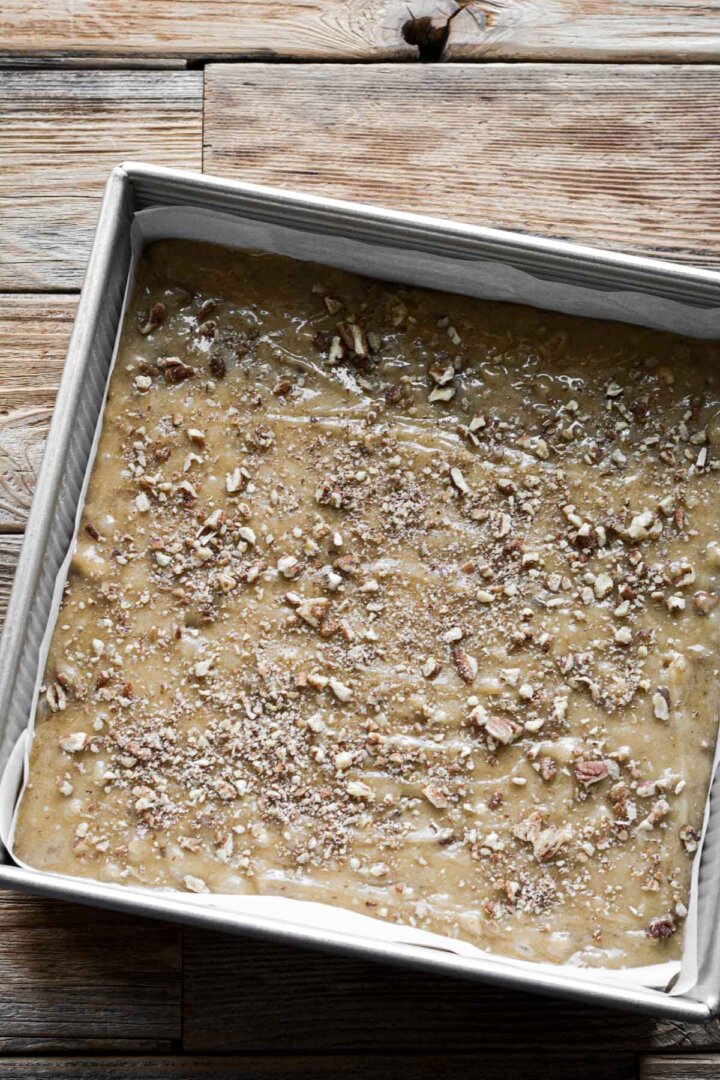 Step 6 or making butter pecan blondies - dough in the pan.
