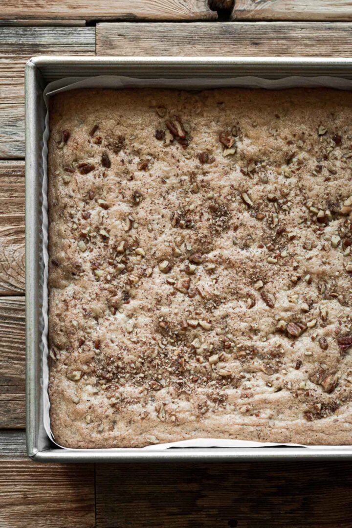 Butter pecan blondies in a baking pan.