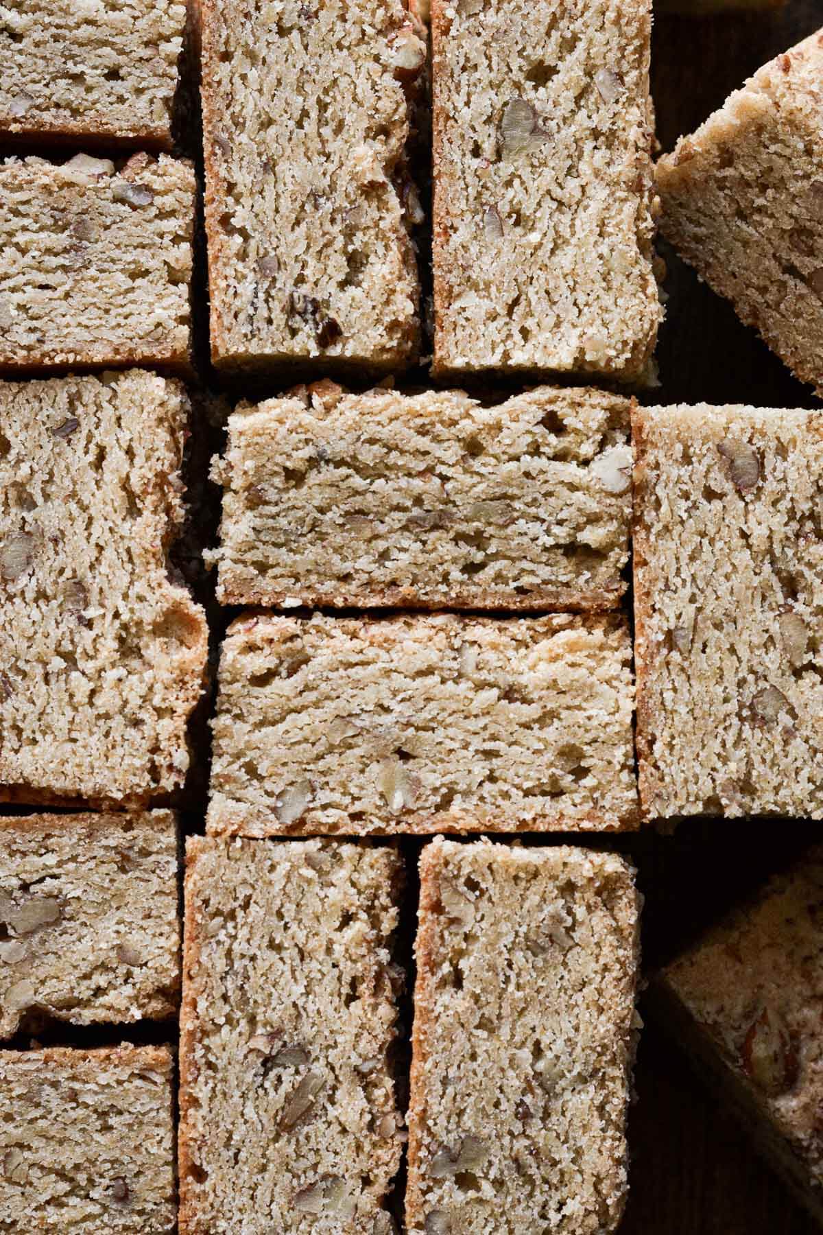 Butter pecan blondies, cut into squares.