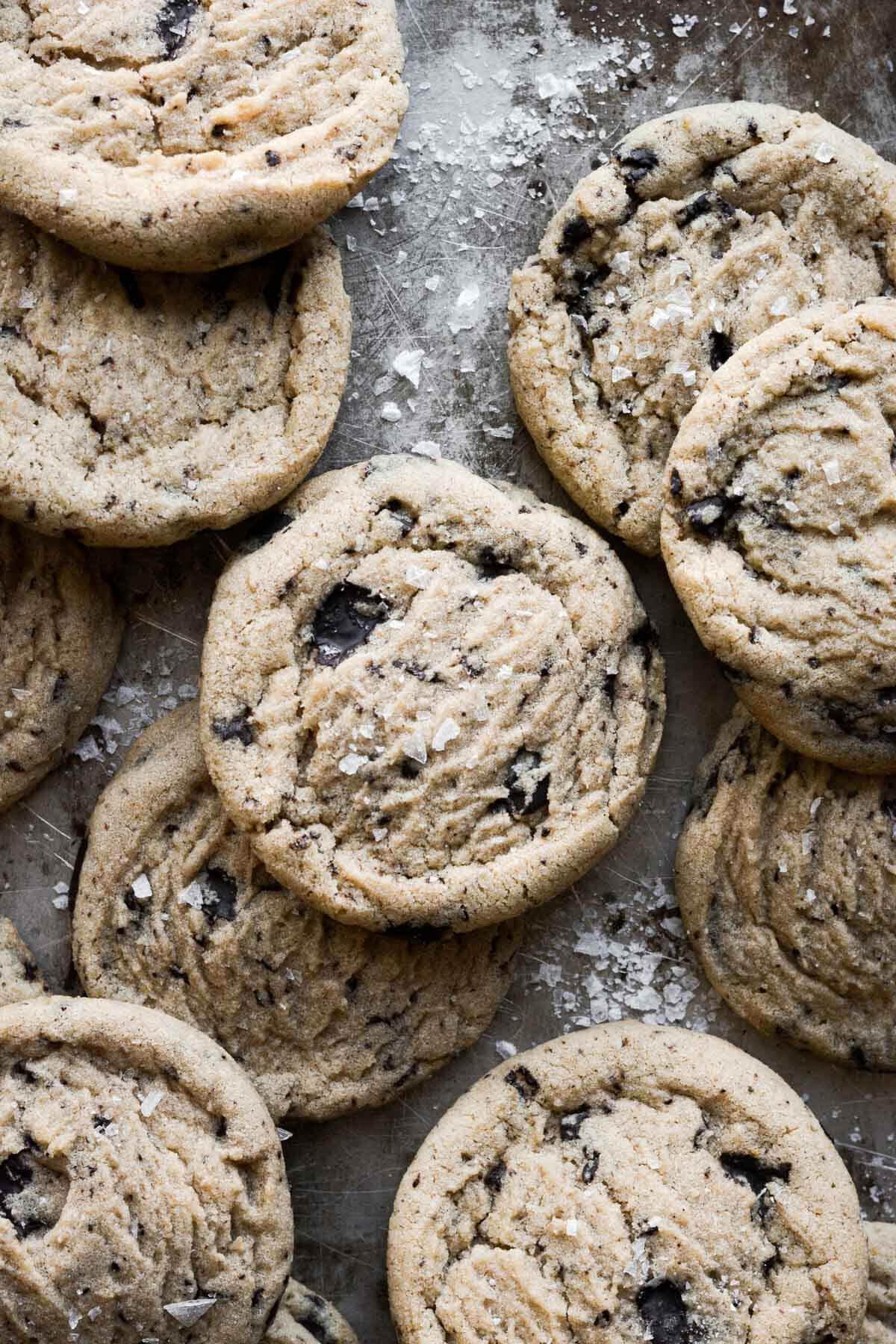 Brown butter chocolate chip cookies sprinkled with salt.