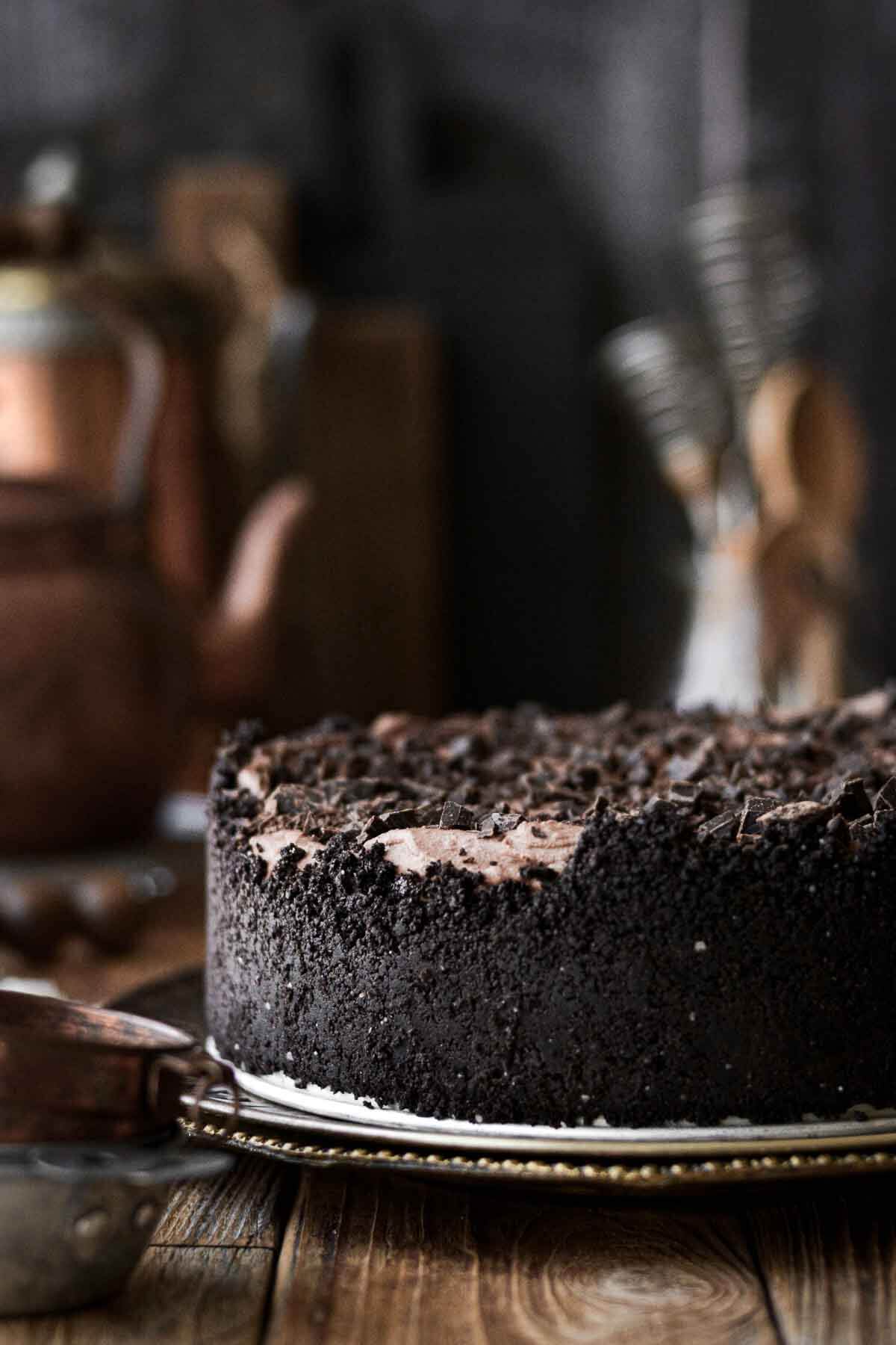 No bake chocolate cheesecake with chocolate crust.