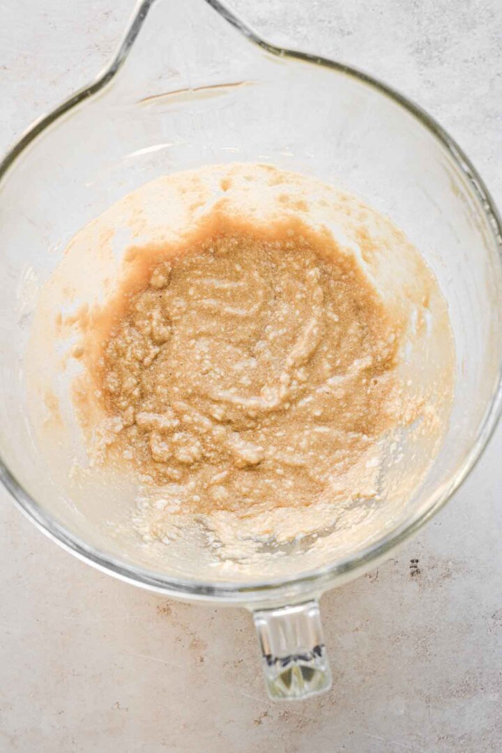 Step 2 for making chocolate chip cookies - mixing wet ingredients.