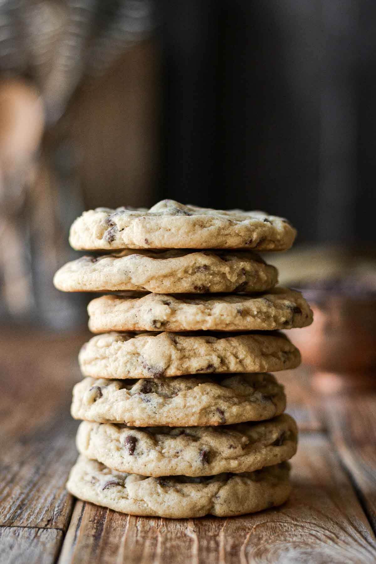 Stack of chocolate chip cookies.