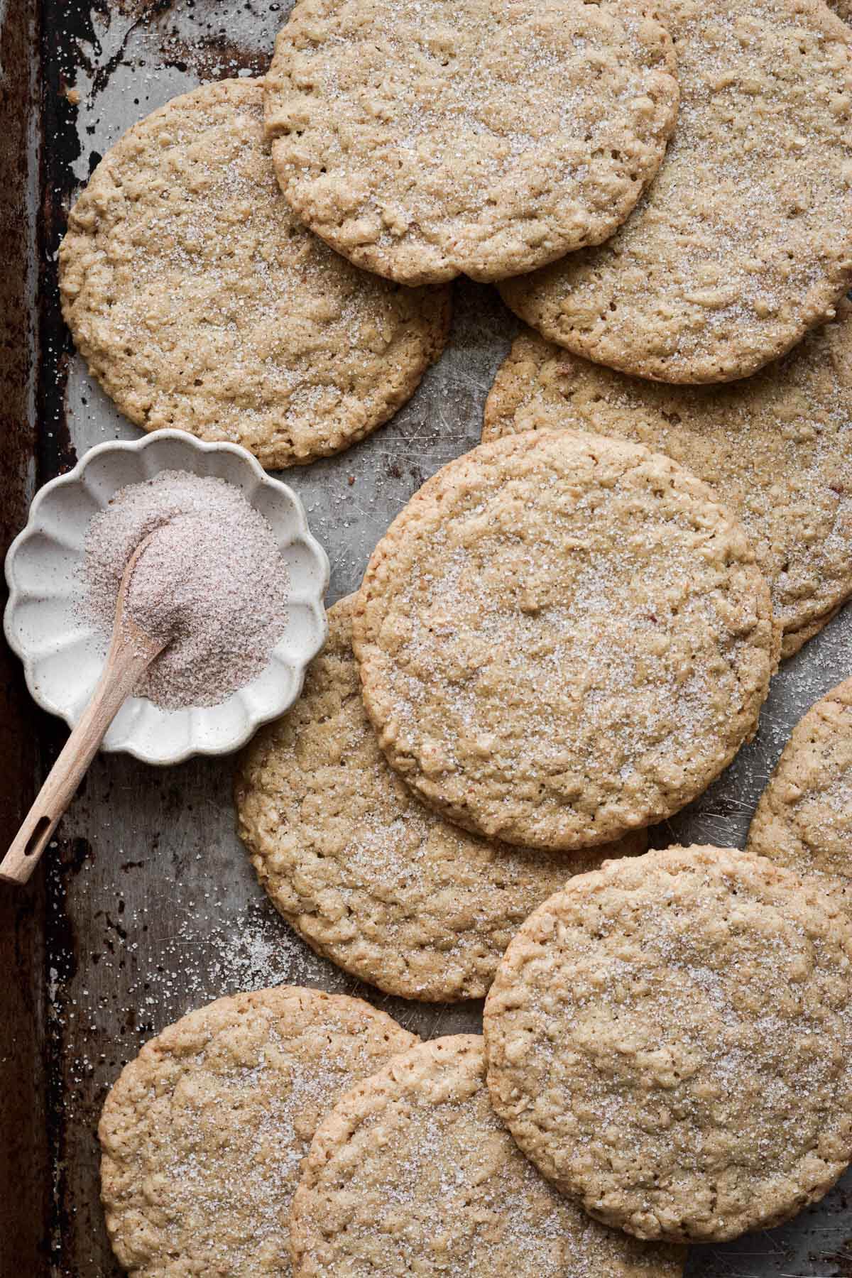 Thin and crispy oatmeal cookies sprinkled with cinnamon sugar.