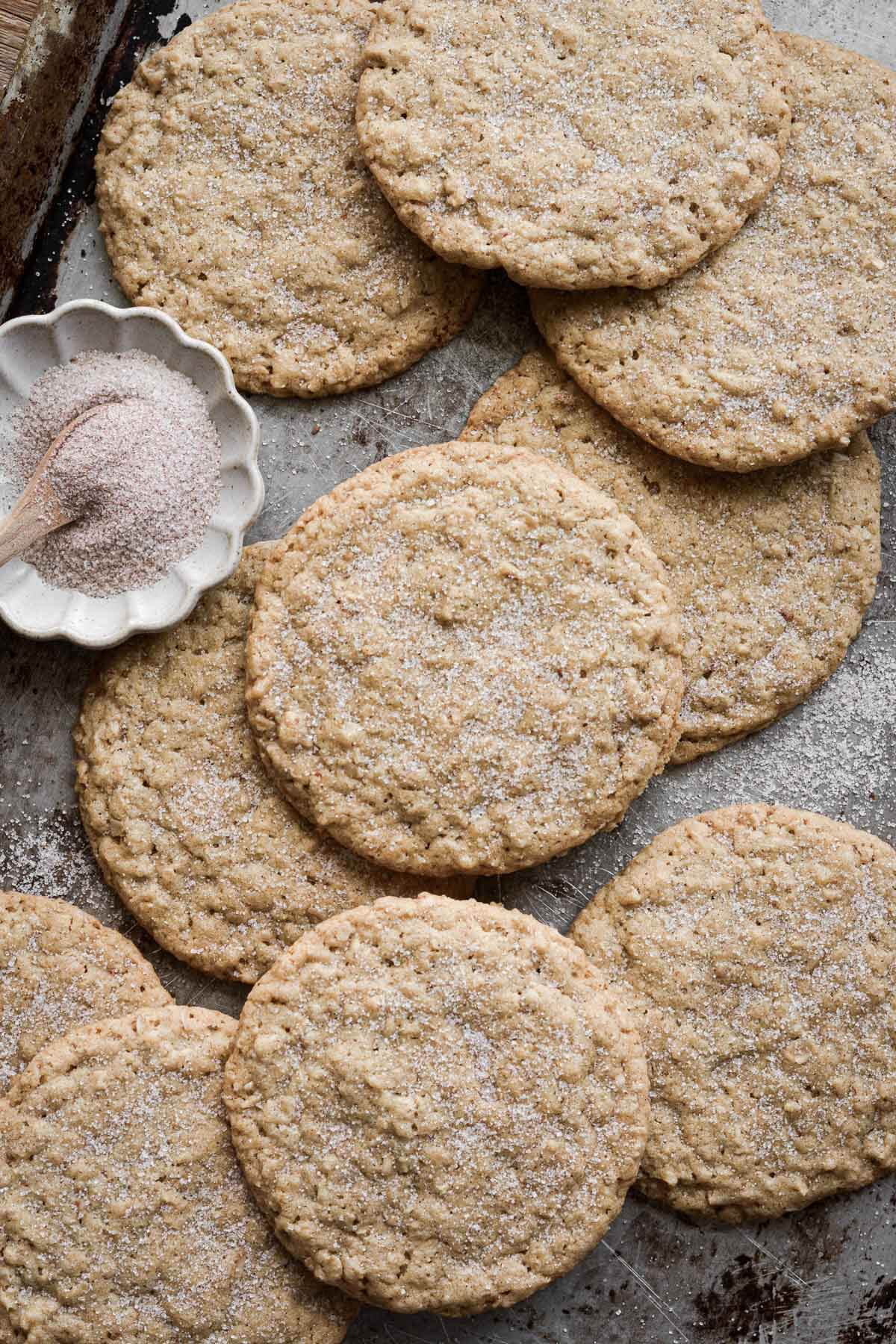 Thin and crispy oatmeal cookies sprinkled with cinnamon sugar.