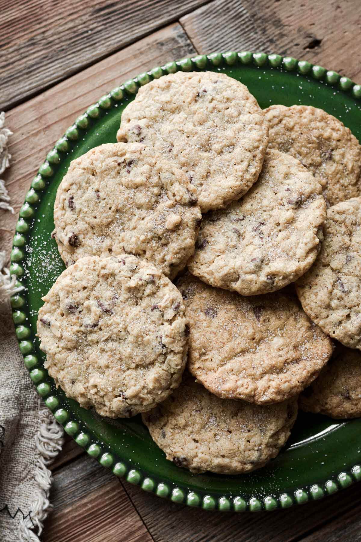 Thin and crispy oatmeal chocolate chip cookies.