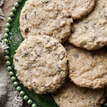 Thin and crispy oatmeal chocolate chip cookies.