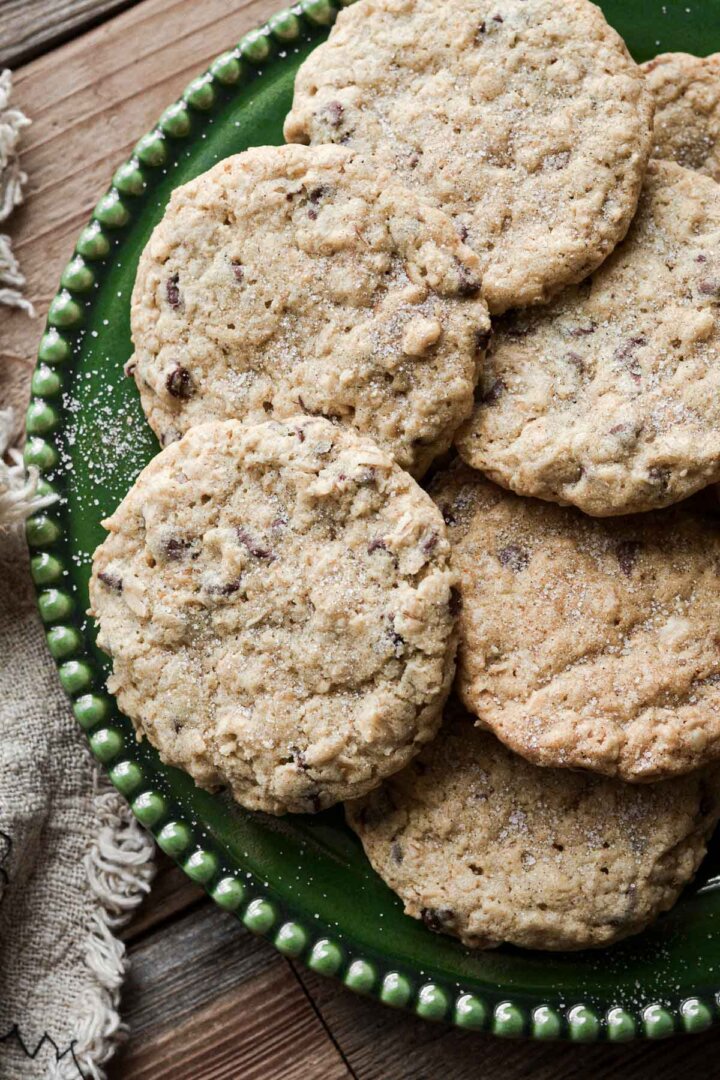 Thin and crispy oatmeal chocolate chip cookies.