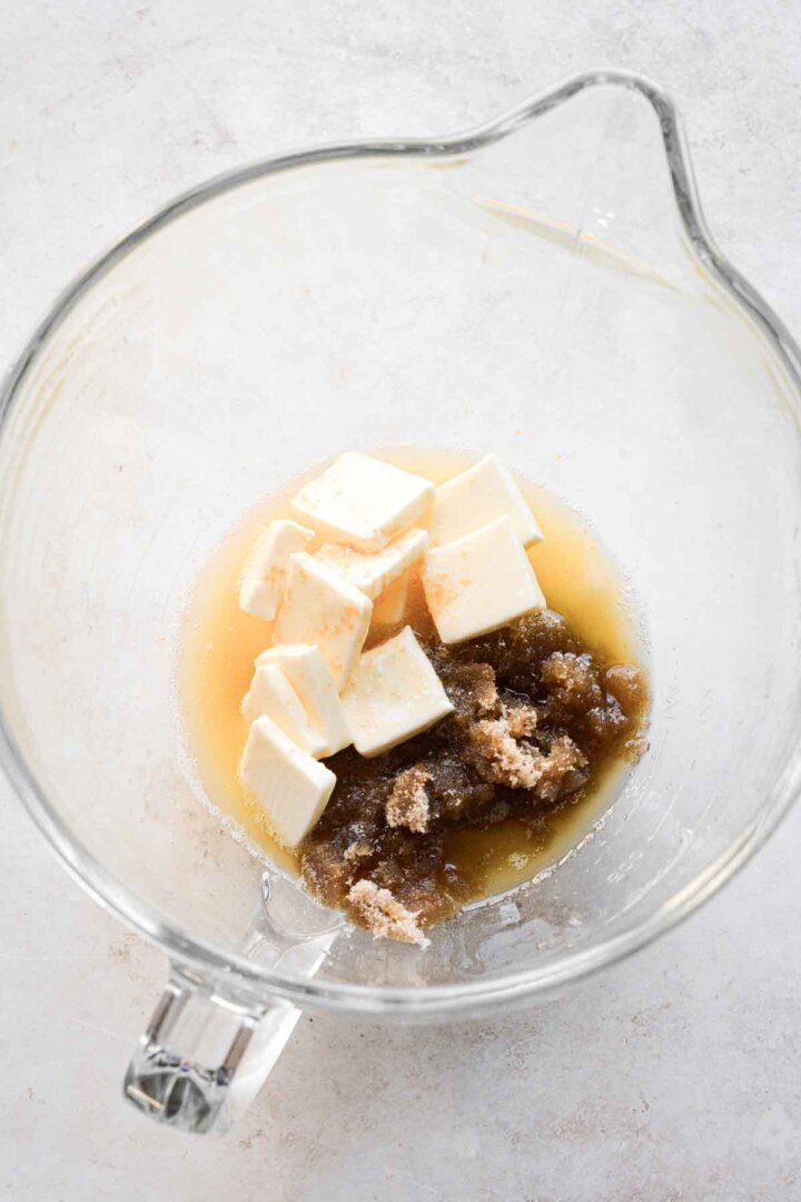 Step 1 for making bakery chocolate ship cookies - butter and sugar in bowl.