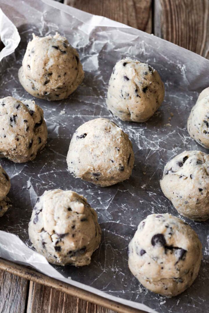Step 6 for making bakery chocolate ship cookies - balls of cookie dough.