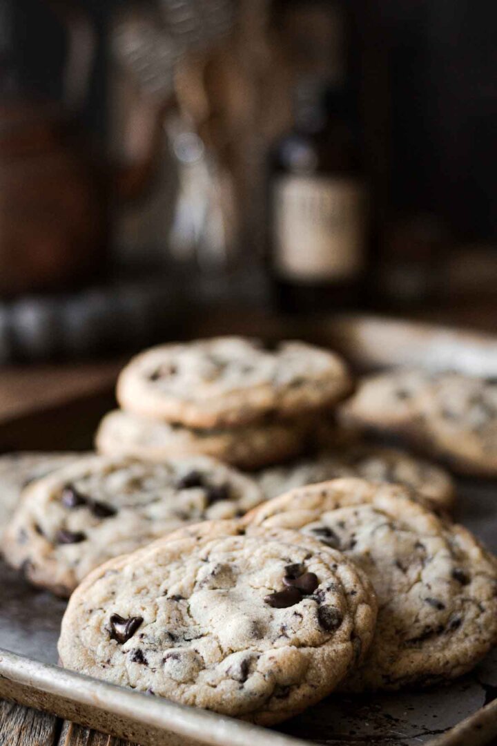 Chocolate chip cookies on a baking sheet.