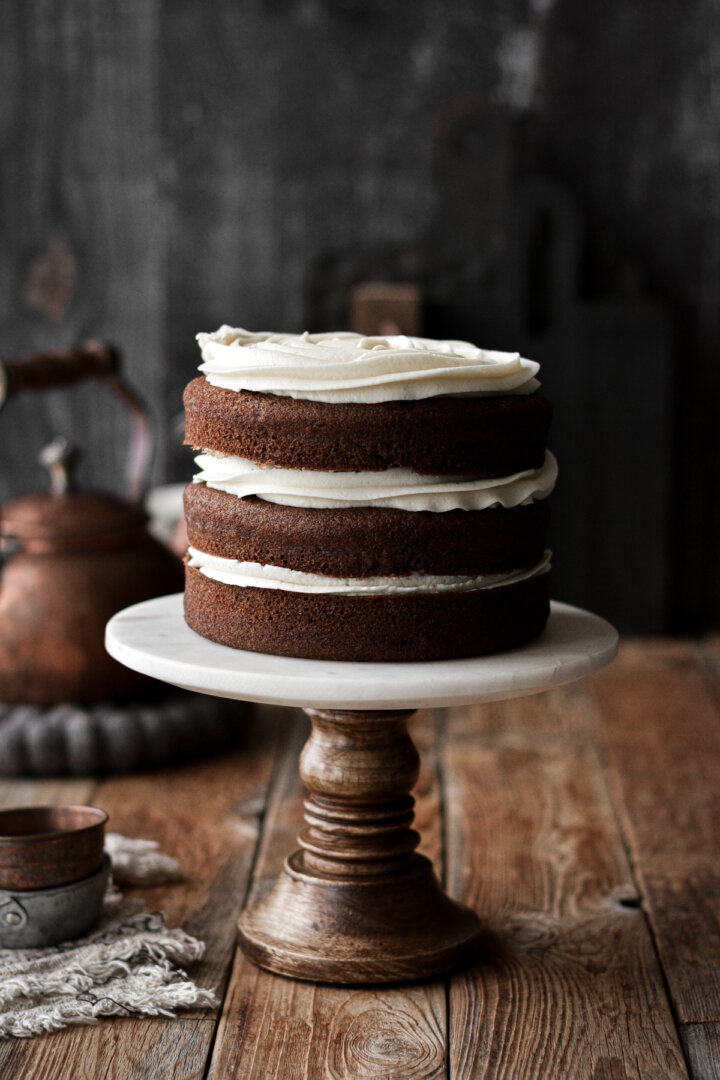 Naked spice cake, layered with cream cheese buttercream.