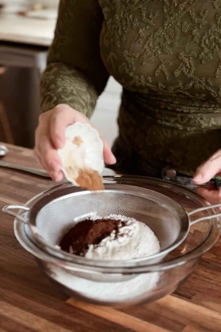 Mixing dry ingredients for spice cake.