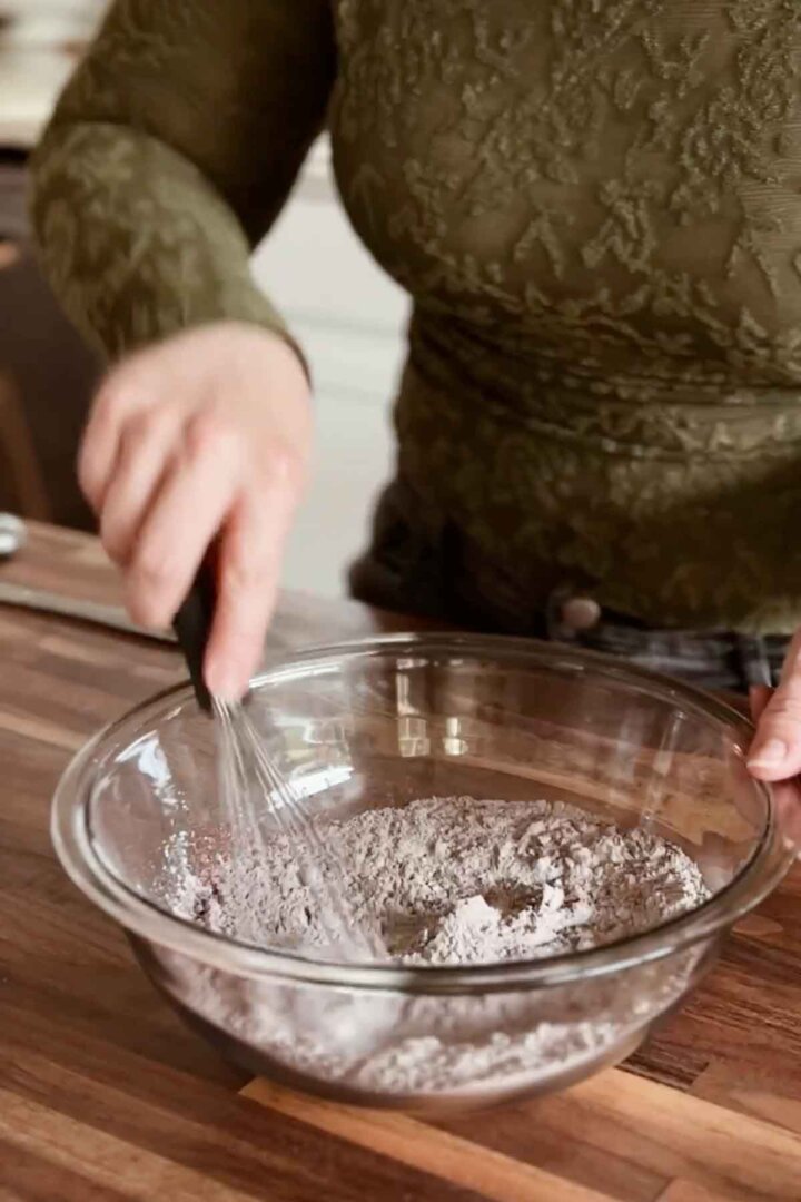 Mixing dry ingredients for spice cake.