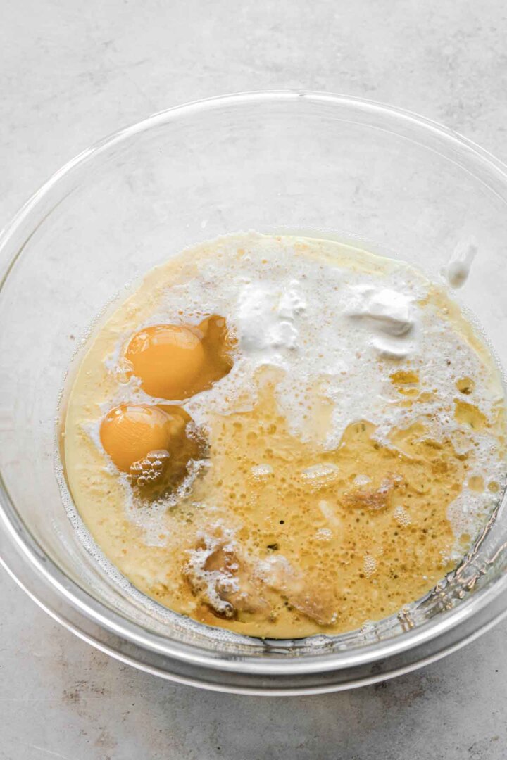 Step 1 for making cashew cake - bowl of liquid ingredients.